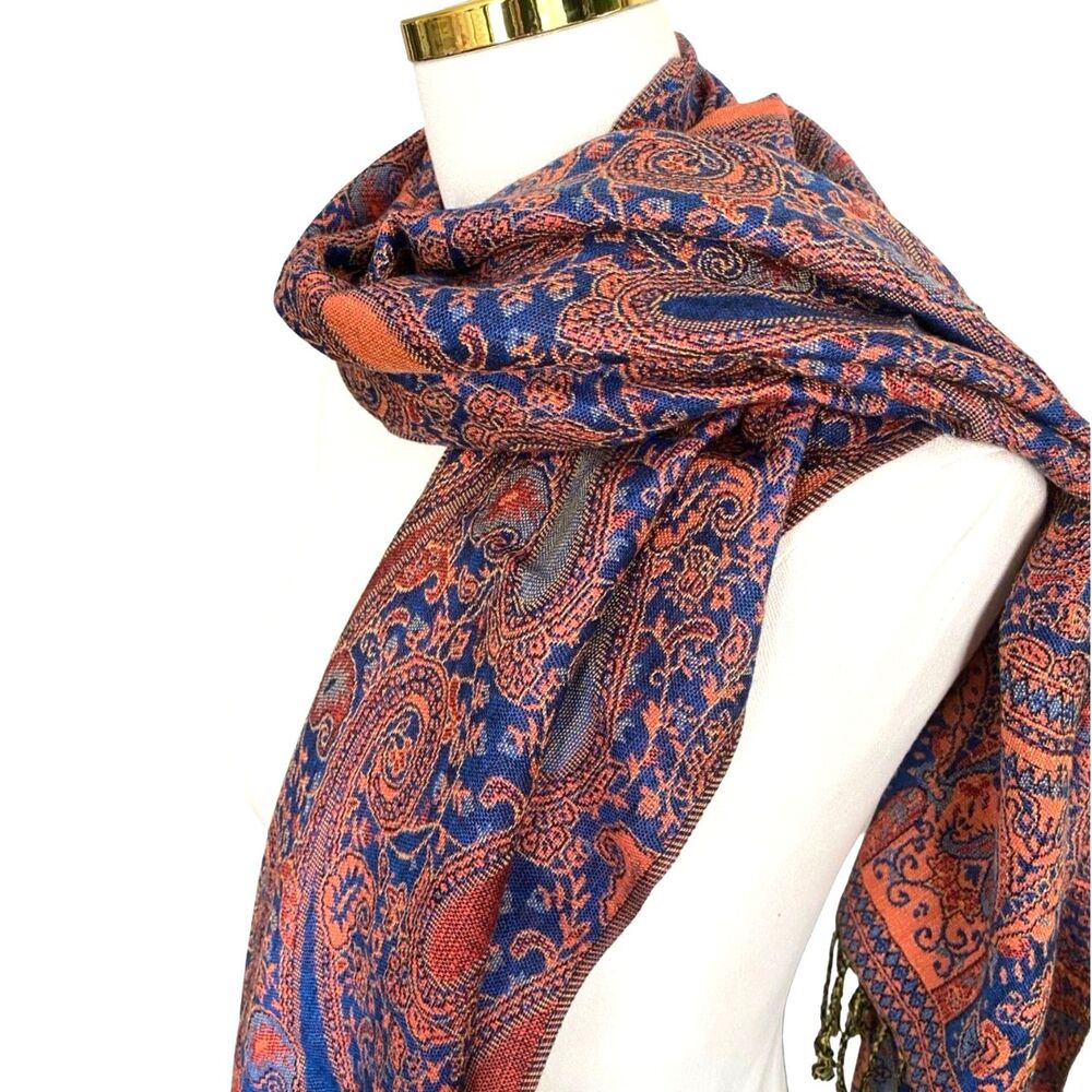 VTG 100% Cashmere Pashmina Paisley Scarf Orange Blue Wrap Shawl Two Sided 80x28 - Picture 6 of 7